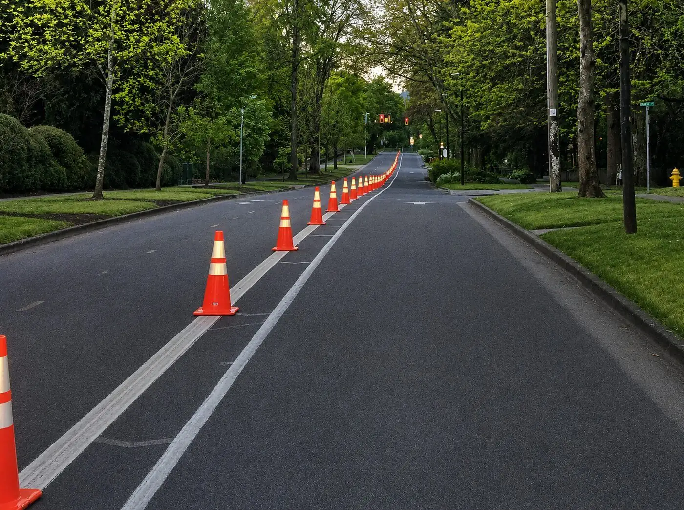 Traffic cones on road in construction work zone Oregon
